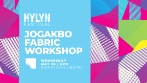 This image is a vibrant promotional poster for the KYLYN Festival, specifically advertising a Jogakbo Fabric Workshop. The graphic features a central, light blue rectangular block containing white text against a background of dynamic, multicolored geometric shapes. These background patterns consist of sharp-edged triangles and polygons in bold shades of magenta, purple, lime green, and royal blue, with some sections containing diagonal white pinstripes that mimic the look of traditional Korean patchwork (Jogakbo). The text is all capitalized and sans-serif, positioned in the center-left: the top line reads "KYLYN FESTIVAL" in a stylized font, followed by "JOGAKBO FABRIC WORKSHOP" in a large, heavy typeface. At the bottom, smaller text provides the event details: "WEDNESDAY MAY 20 | 6PM" and "DOWNTOWN LIBRARY," accompanied by a small square logo depicting a stylized sunburst.