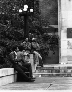 Students relaxing on steps of Michigan Union.