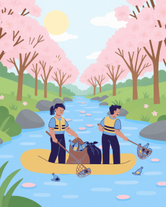 Image of two people wearing life vests while standing on a boat in a river. They are using nets to collect discarded bottles from the water.