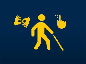 Stick figure walking with a mobility cane between two smaller hands signing the ASL sign for “interpret” and a smaller hand reading braille.