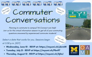 Graphics of buses and a photo of a highway with signs to Ann Arbor.