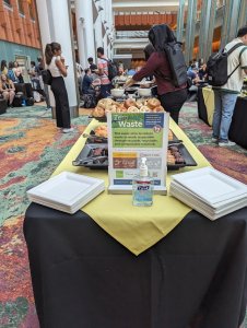 Picture of a table loaded with food with a sign that says "Zero Waste Event" at the front surrounded by compostable paper plates