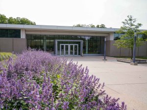 The exterior entry doors to Brehm Pavilion at SMTD, with a bed of purple flowers outside.