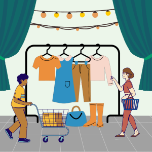 Two people shop for clothing items hanging on a rack.