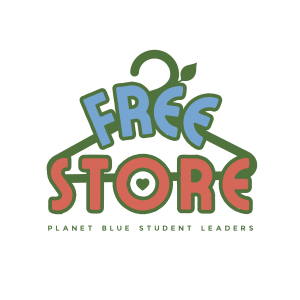 Logo of the words "Free Store" layered on top of a clothes hanger, leaf, and small heart graphic. Presented by the Planet Blue Student Leaders