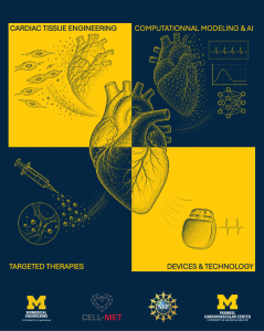 An image featuring a sketch outline of a heart, surrounded by images of cardiac tissue engineering, computational modeling and AI, targeted therapies with a vaccine and petri dish, along with devices and technology. The bottom of the image has logos for U-M Biomedical Engineering, the Cell-Met team, the National Science Foundation and U-M's Frankel Cardiovascular Center
