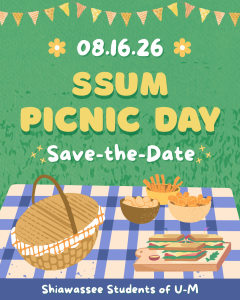 Cartoonish graphic of a picnic spread on a blue plaid blanket.
