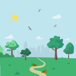 A trail cuts through a grassy area with trees. There is a city skyline in the background, and the sky has clouds and birds.