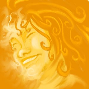 Illustration of a smiling face, with closed eyes, a broad smile, and curly hair, all done in brilliant shades of yellow