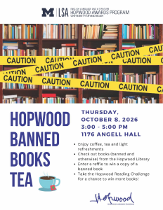 Hopwood Banned Books Flyer with image of bookshelves covered with caution tape.