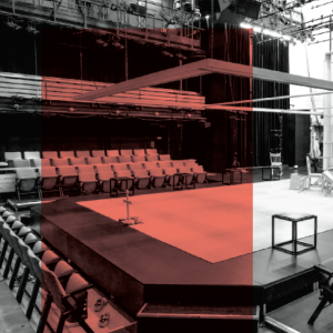 A modern theater space within the Arthur Miller Theatre, with tiered seating and a central stage, highlighted by a red overlay.