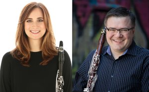 Ellen Breakfield-Glick and Chad Burrow portraits, each with their clarinet.