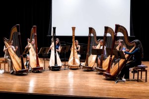 Seven harpists perform on stage.