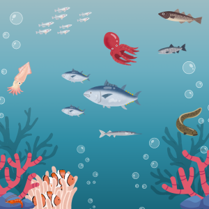 Different sea creatures are swimming in the ocean, with a coral reef on the seafloor. Animals include fish, an octopus, an eel, a squid, a crawfish, and clownfish hiding in anemones.