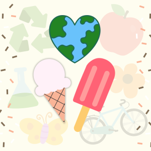 An icecream and popsicle with a heart between them stylized with Earth’s surface. Different sustainability-related icons float in the background, as well as sprinkles border the sides of the graphic.