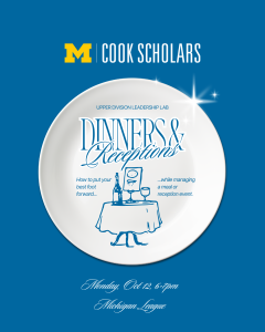 Blue background with white dinner plate and content details.