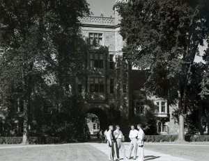 Students talk in the Law Quad. From Bentley Historical Library.