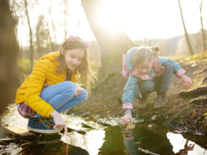 Two children playing in a small creek