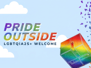 The words Pride Outside in rainbow gradient in front of a blue sky background