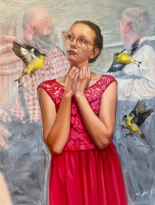 St. Aubrey, oil on canvas; woman in red dress with glasses surrounded by yellow finches.