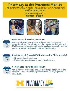 flyer for Pharmacy at the Pharmers Market – Stay Protected: Vaccine Education with event details