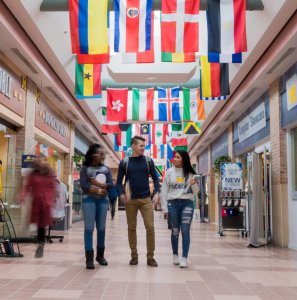 Pedestrains walk through the Pierpont Commons First Level.