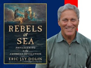 a photo of the author, Eric Dolin, wearing a green button down shirt and wavy grey hair and smiling next to the cover of his book.