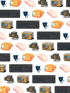 Repeating pattern of illustrated power cord, telephone, mouse, microwave, and keyboard.