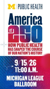 Flyer, primarily with white background and large block font in blues & reds, shares M Public Health logo and event details as listed.