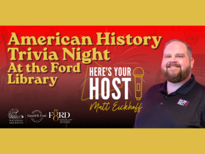 a photo of the trivia host, Matt Eickhoff, who is smiling with brown hair and a brown beard and wearing a black shirt next to the words American History Trivia at the Library Here's Your Host Matt Eickhoff