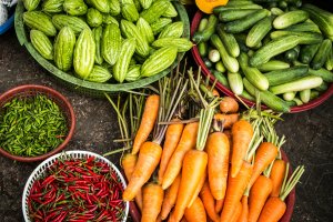 Assorted vegetables on a flat bed of soil