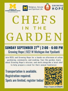 Flyer advertisement for RSSL's Climate Week Event -- Chefs in the Garden at Growing Hope in Ypsilanti