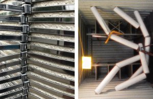 Left: Abhishek Narula's Compressions - a close up of a series of zip ties connected around a concrete surface. Right: Nathan Byrne's Equally To Be Loved - a spontaneous sculpture of cardboard tubes, a work light, and other found material inside a shipping container.