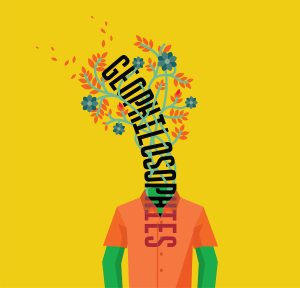 Stylized illustration on a bright yellow background of a green figure in an orange shirt, with branches, leaves, and flowers growing from their head. The word “GEOPHILOSOPHIES” runs vertically through the figure and foliage.