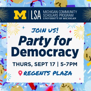 the words "Party for Democracy" with a background of confetti and fireworks