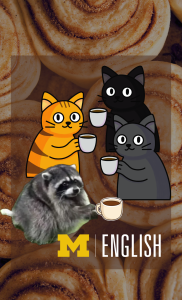 three cartoon cats and a photo of a raccoon all with mugs of coffee in front of a background photo of cinnamon rolls