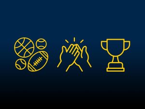 Football, baseball, basketball icons with clapping hands and a trophy