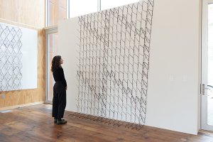 An art piece created out of organic material, specifically sticks or twigs, woven or interconnected into a grid-like mesh structure mounted on a wall and extending onto the floor.