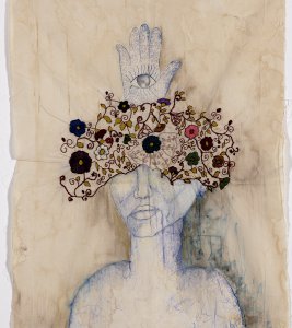 Mixed-media artwork on stained canvas depicting a blue line-drawn figure of a person whose eyes are covered by an embroidered floral mask, with a open hand featuring an eye in the palm resting atop their head.
