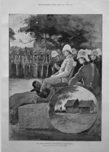 Black-and-white 1896 illustration from The Illustrated London News depicting King Prempeh of Ashanti prostrating before British officers wearing pith helmets during the Ashanti Expedition, with a circular inset showing thatched buildings labeled "Prempeh's Prison, Kumassi 1896."