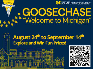 Blue background with a yellow text promoting CCI's Scavenger Hunt focused on Welcome to Michigan.