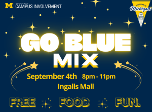 Navy blue promotional graphic for the 'Go Blue Mix' event, hosted by University Unions Campus Involvement at the University of Michigan. Text reads: September 4th, 8pm - 11pm, Ingalls Mall, Free, Food, Fun. The design features glowing white and yellow bubble-letter text, shooting stars and sparkles throughout, the University of Michigan Block M logo in the top left, and a 'Welcome to Michigan' triangular banner logo in the top right.