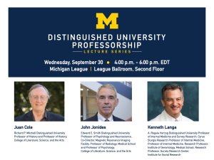 "Distinguished University Professorship Lecture Series" logo with the event date, time, and location included on a navy background. Below are names and titles of all three awardees.