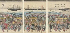 An image of a colorful old Japanese wooblock triptych showing a bustling market scene with black ships on the sea in the background.
