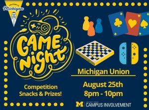 Join us at The historic Michigan Union for an evening of board games, Nintendo Swtich rooms, and snacks!