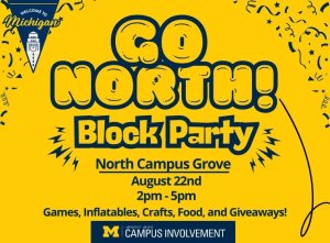Block party event poster with swirls, event details: Aug 28th 2-5pm hosted by Campus Involvement
