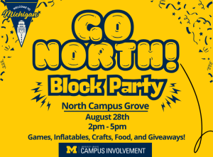 Block party event poster with swirls, event details: Aug 28th 2-5pm hosted by Campus Involvement