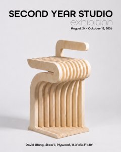 Poster for Second Year Studio exhibition, showing a bent plywood stool made of curving patterns.