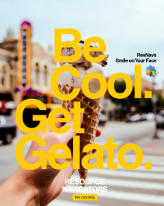 Hand holding gelato cone in front of Michigan Theater marquee: "Be Cool. Get Gelato."