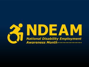 A rolling wheelchair icon and NDEAM: National Disability Employment Awareness Month